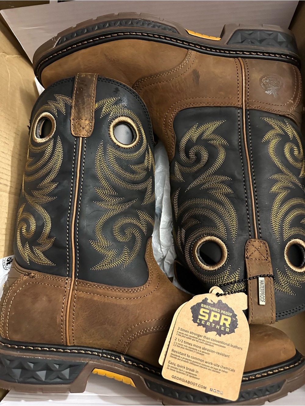 Georgia Boot Brown and Black Western Work Boots with Gold Stitching